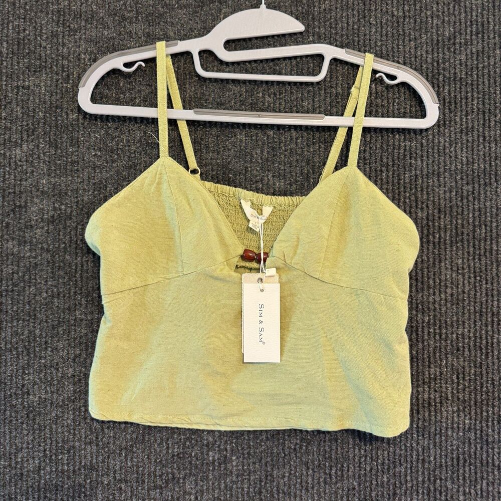 Sim & Sam Linen Blend Sage Green Smocked Cami Top Size L NWT